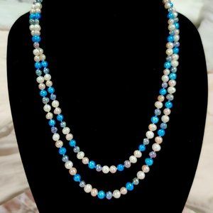 50" Multi Freshwater Pearl Necklace White Lavender & Peacock Blue